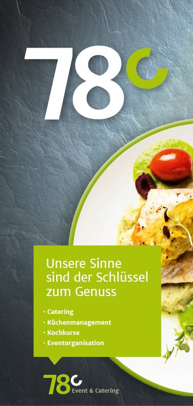 Flyer Beispiel Inspiration. Flyer im LangDin Format für Catering gestalten und drucken lassen.